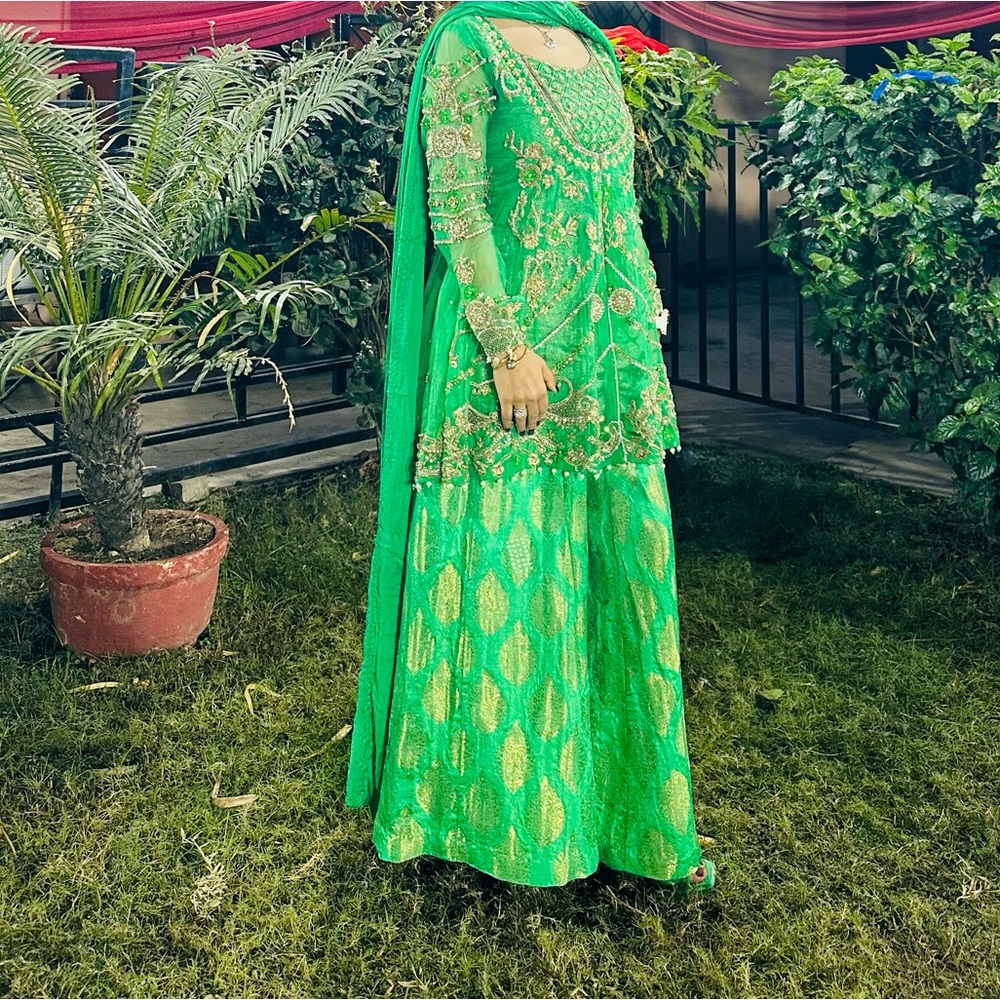 Pakistani two leg sharara Vibrant Green Embroidered Long Sleeve Dress